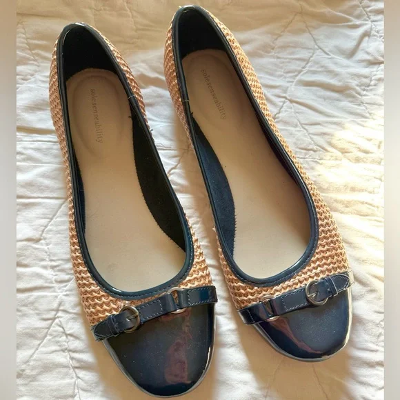 Solesenseability Women’s Wicker and Navy Toe Buckle Style Ballet Flats - Picture 1 of 8